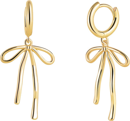 Gold Cherry Bow Heart Drop Dangle Earrings, Huggie Hoop Style, Hypoallergenic Non Tarnish Delicate Ribbon Butterfly Design Dainty Shiny Sensitive Ear for Women Gifts