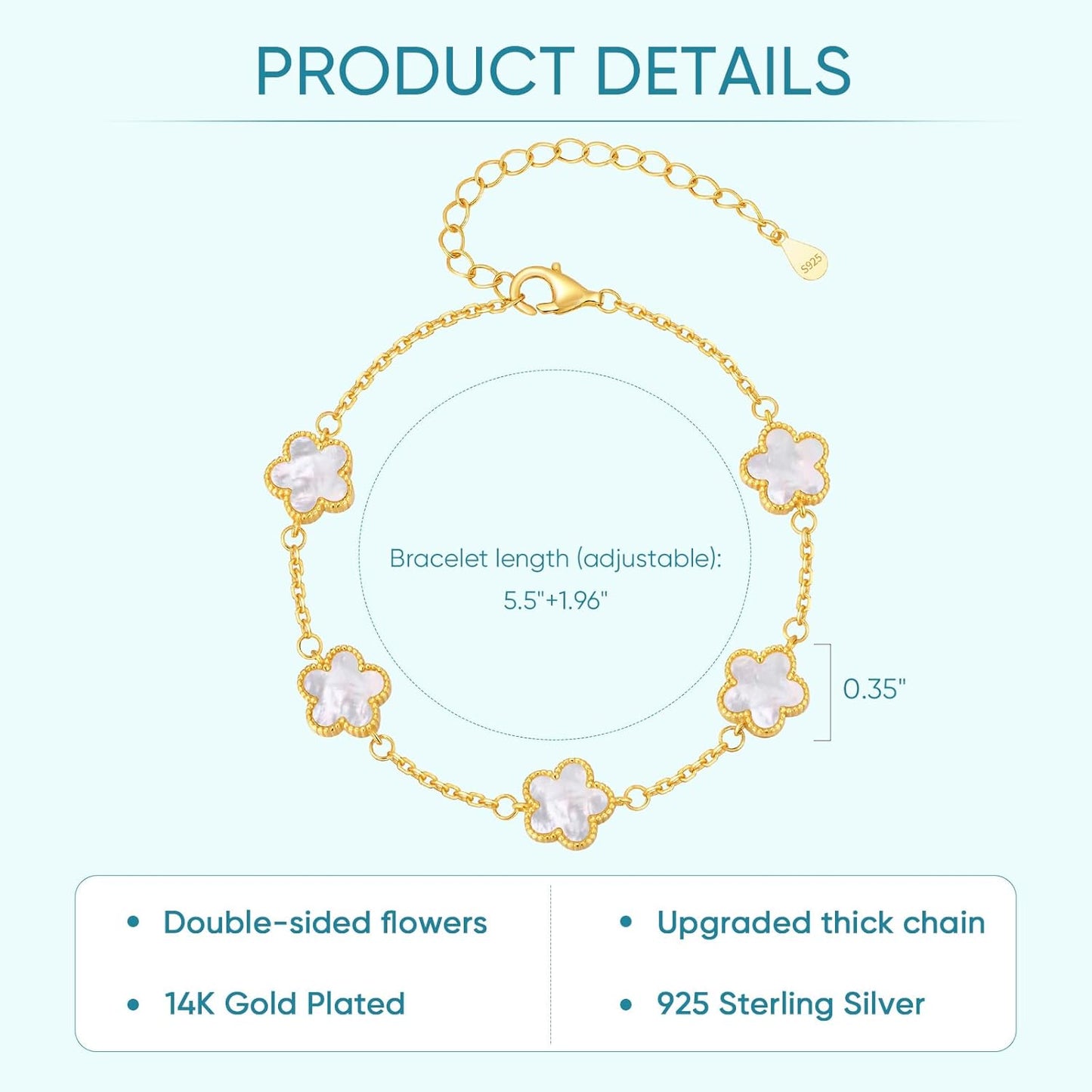 925 Sterling Silver Four Leaf Clover Bracelet for Women - 14K Gold Plated Flower Four Leaf Women'S Lucky Bracelet Adjustable Link Chain Bracelets Charm Trendy Design Dainty Jewelry Gifts for Women