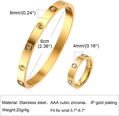 MPRAINBOW Gold Rings Bracelets for Women, 18K Gold Plated Friendship Bracelet Cubic Zirconia Bangle with Ring Jewelry Set,Wedding Party Birthday Gifts for Her Girlfriend