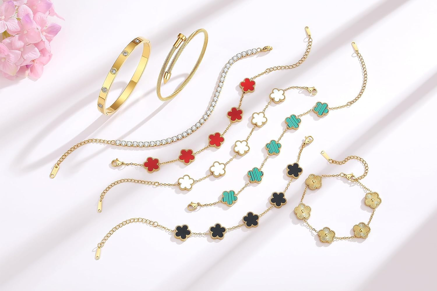 Gold Tone Clover Bracelets Set Love Bangles Bracelets for Women Non Tarnish, Stacking Bracelets Trendy Jewelry Gift for Women