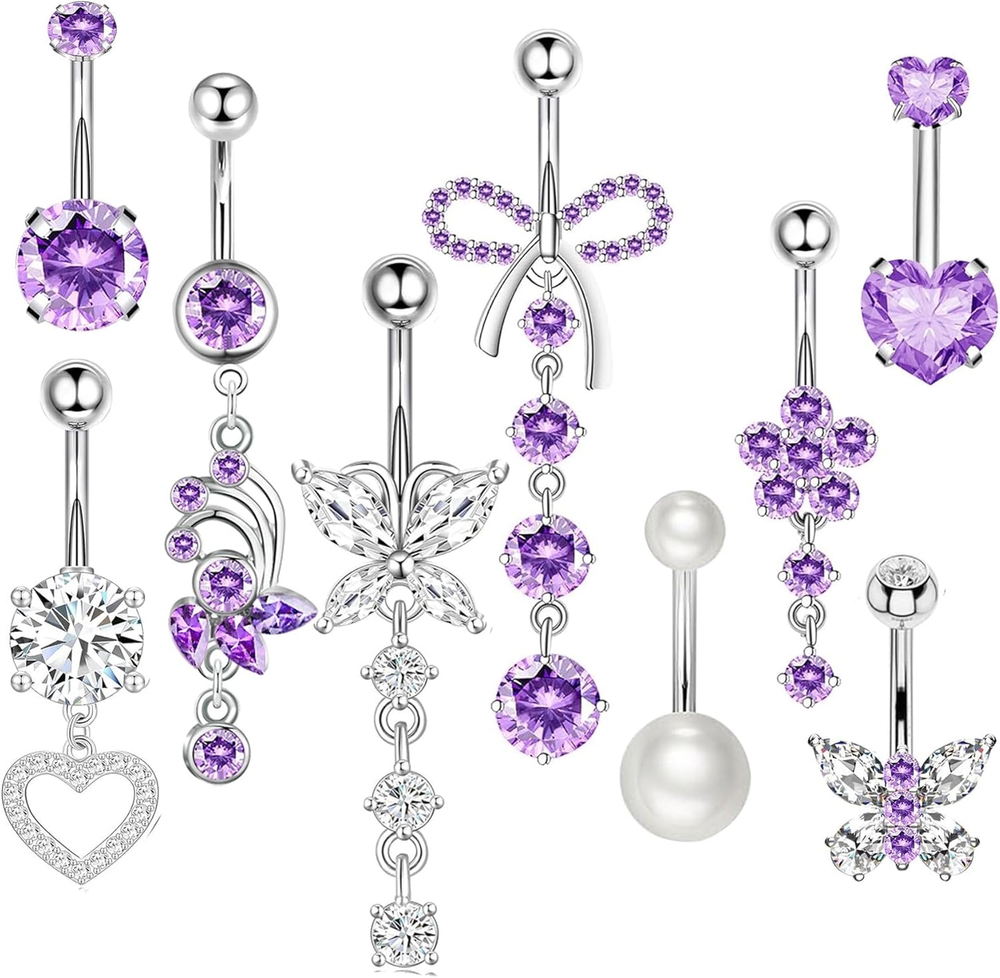 Suotarn 14G Belly Button Ring Dangle Belly Rings Surgical Stainless Steel Cute Bow Butterfly Heart Flower Dangling Belly Button Piercing Jewelry for Women Silver Dainty Dangly Navel Ring