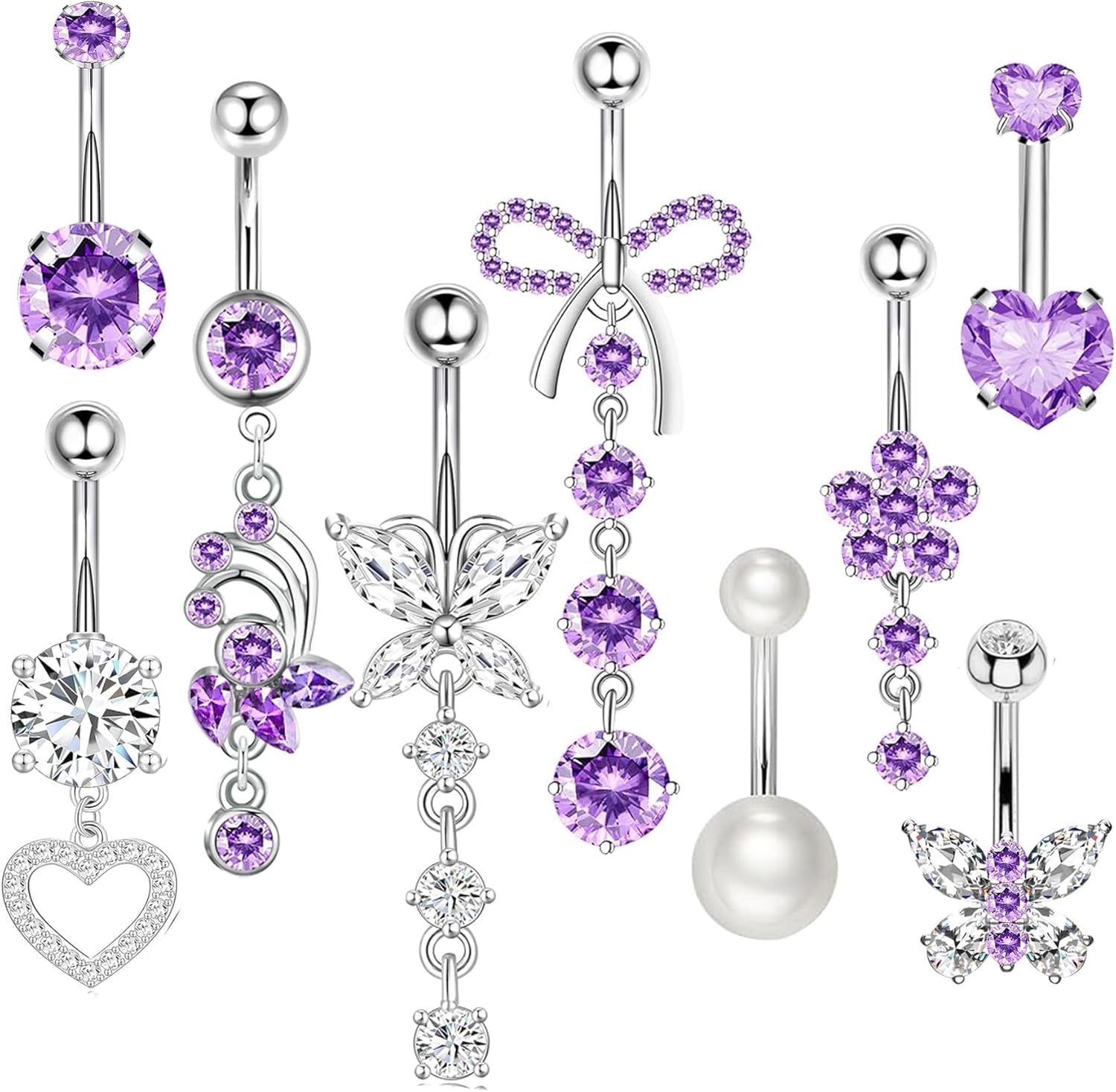 Suotarn 14G Belly Button Ring Dangle Belly Rings Surgical Stainless Steel Cute Bow Butterfly Heart Flower Dangling Belly Button Piercing Jewelry for Women Silver Dainty Dangly Navel Ring