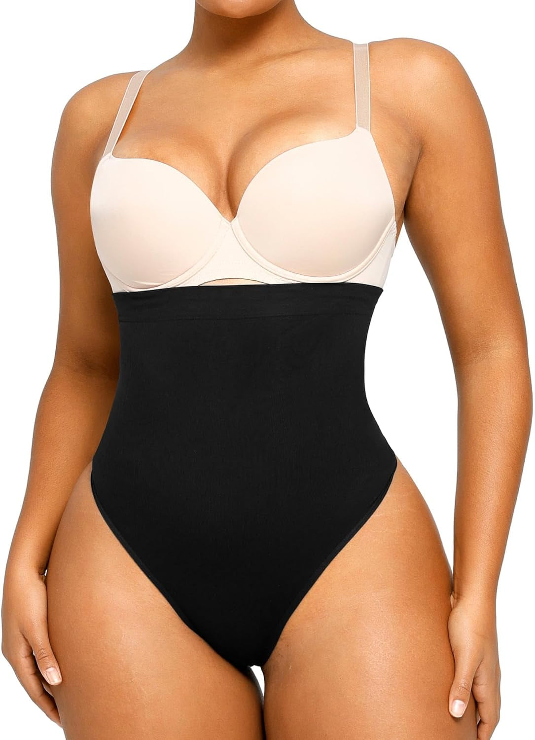 SHAPELLX seamless high waist thong shapewear front view showing tummy control panel