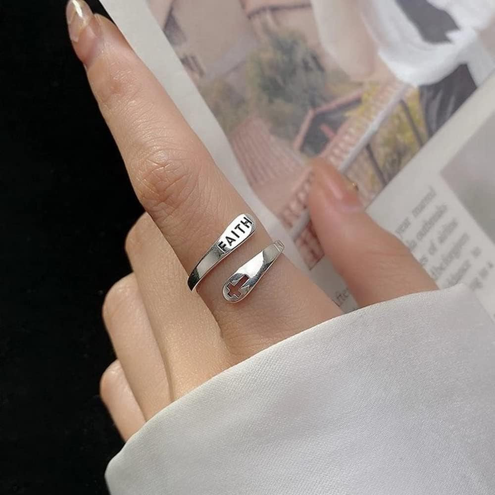 Faith Cross Sterling Silver Open Statement Rings Adjustable Minimalist Hope Love Eternity Wedding Band Promise Ring Wrap Finger Bands Fashion Jewelry for Women Men Xmas