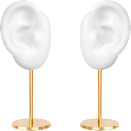 Ear Shaped Earring Display Stand, Piercing Stud Holder, Copper round Base Silicone Body Mannequin Model Organizer, Navel Jewelry Rack for Girl Women Shows Birthday Wedding Decor (Left&Right, White)