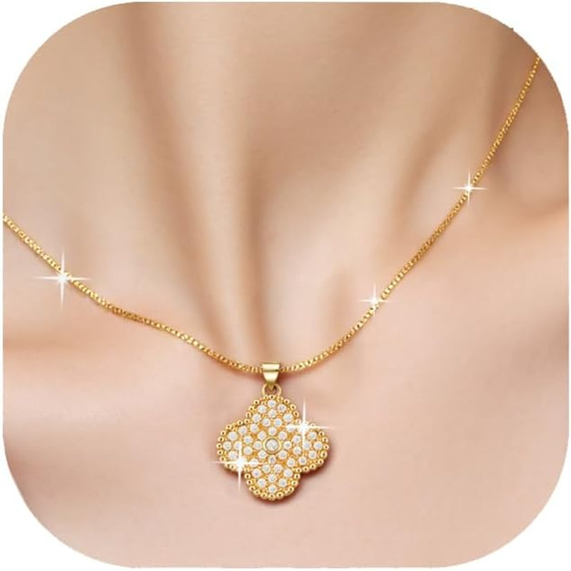 Diamond Four Leaf Clover Necklace for Women, 18K Gold Plated Adjustable Chain with Sparkling CZ Pendant, Elegant and Lucky Fashion Jewelry, Gifts for Women