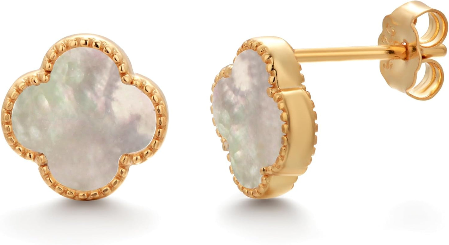 925 Sterling Silver 18K Gold Plated Clover Stud Earrings for Women with Mother of Pearl, 925 Sterling Silver Dainty Lucky Clover Jewelry Gift