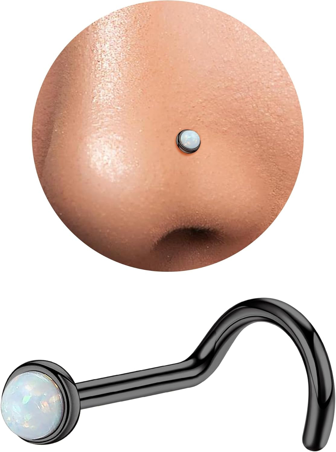 3Mm G23 Titanium Opal Nose Rings Studs Hypoallergenic L Shaped Screw Small Nose Rings for Women Men 20G Handmade 14K Gold Plated Nose Nostril Piercing Jewelry