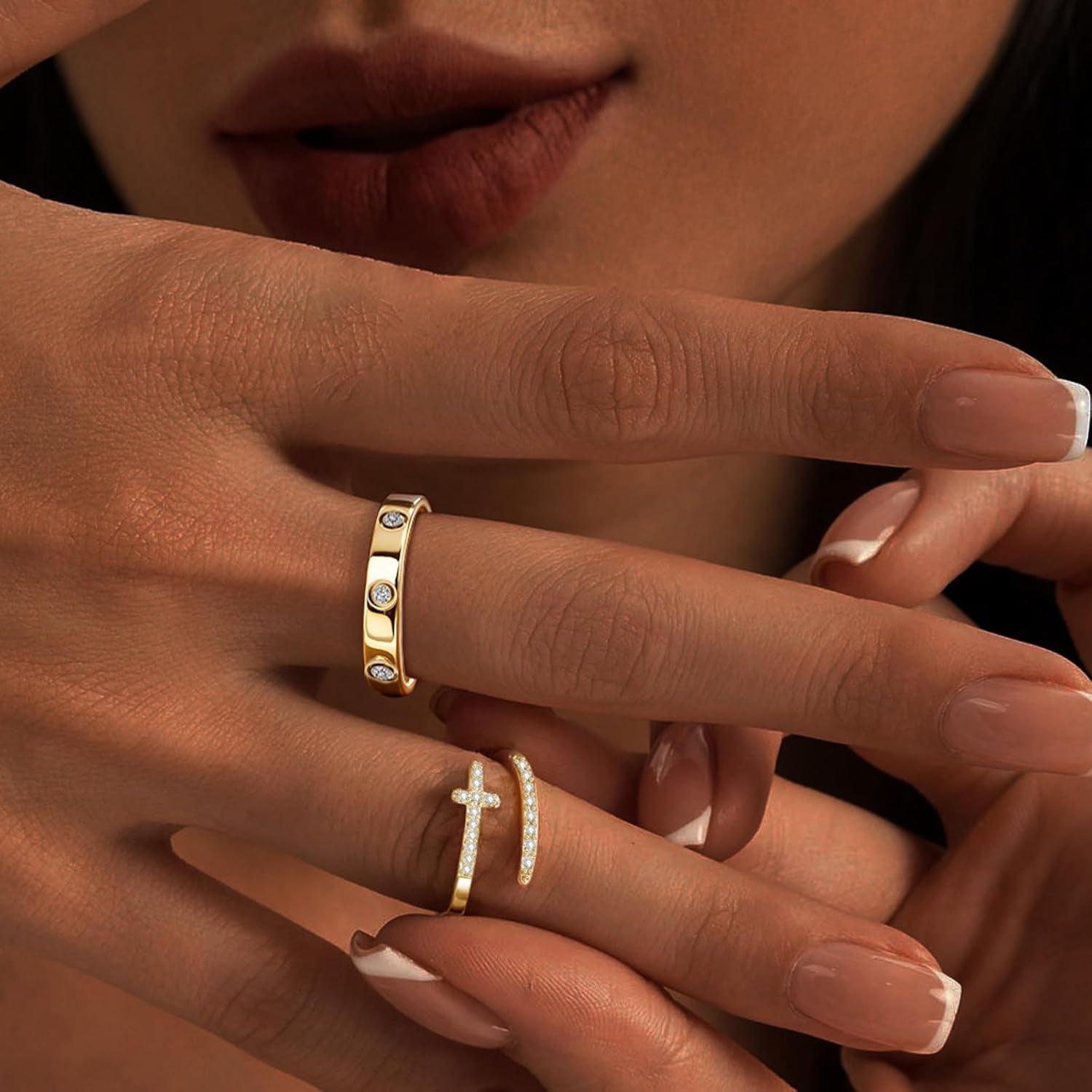 Stackable promise rings featuring non-tarnish gold cross design