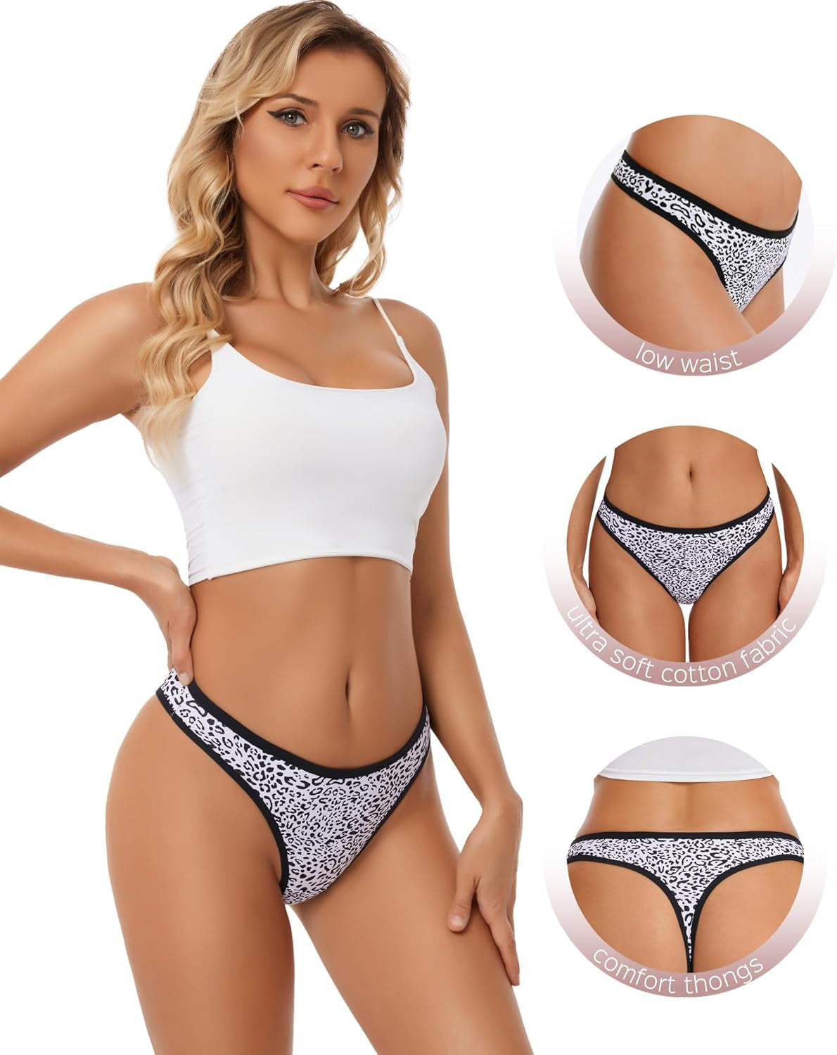 Flat lay display of six cotton thongs in assorted colors