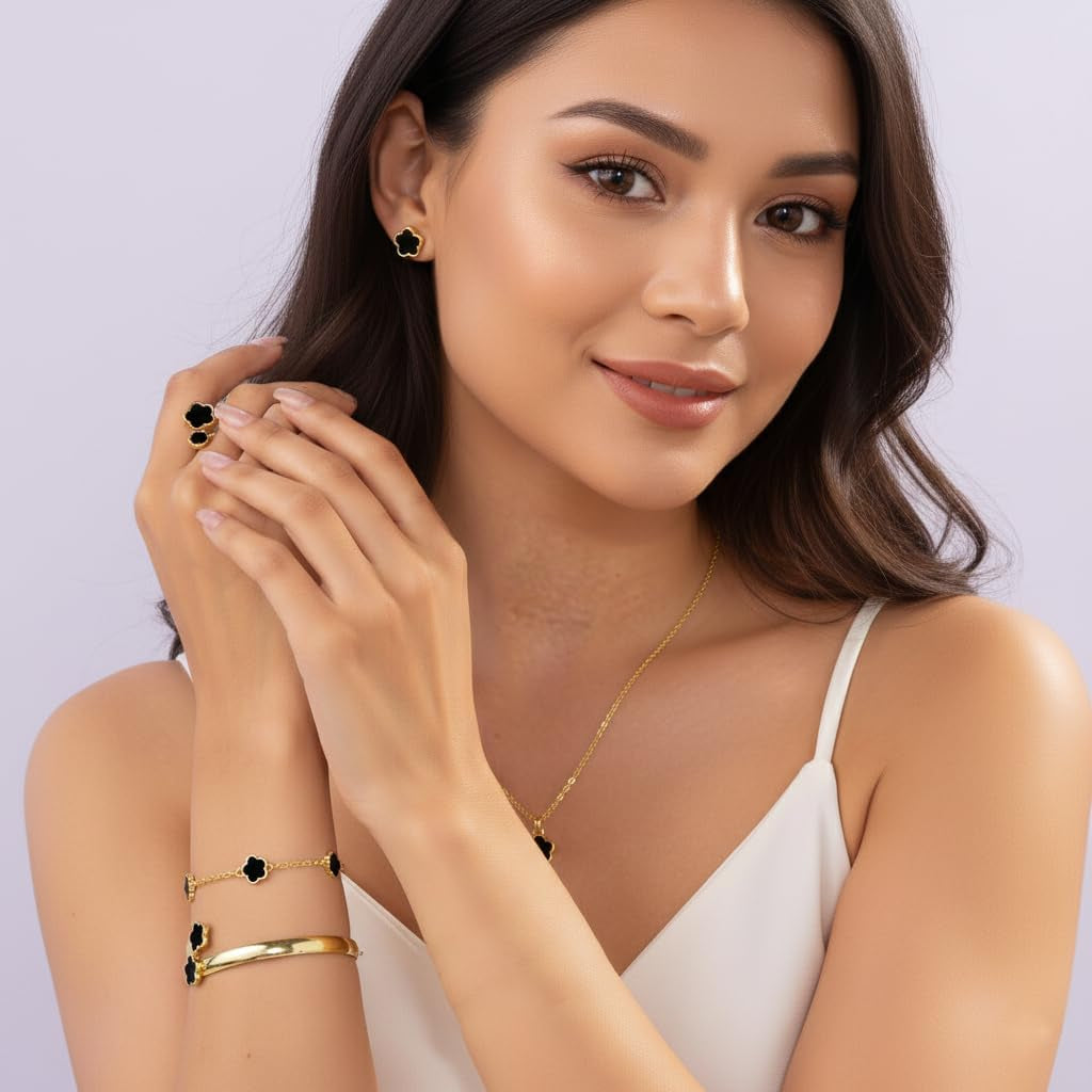 Clover Jewelry Set for Women Non Tarnish Gold-Tone Five Leaf Clover Necklace, Earrings, Ring, Bracelet Fashion Simple Floral Jewelry Set