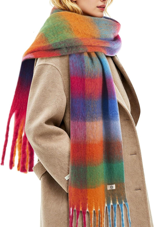 Womens Winter Scarf, Cashmere Feel Tassel Plaid Fashion Scarfs Colorful Plaid Long Shawl Large Scarves