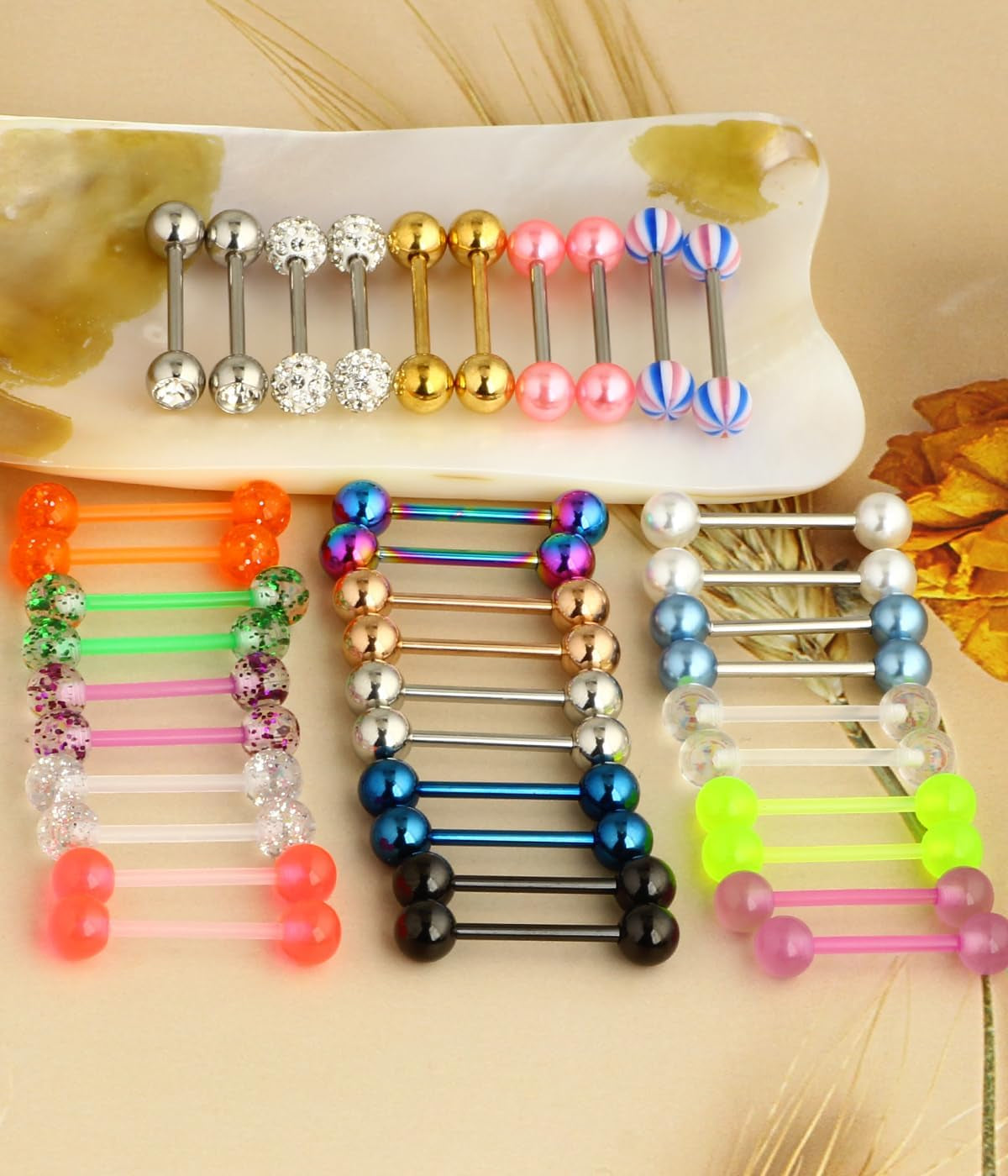 Suotarn 40Pcs 14G Tongue Rings for Women Stainless Steel Straight Tongue Barbell UV Acrylic Plastic Tongue Piercing Jewelry Nipple Piercings 5/8" Glow in Dark Flexible Retainer Body Jewelry for Men