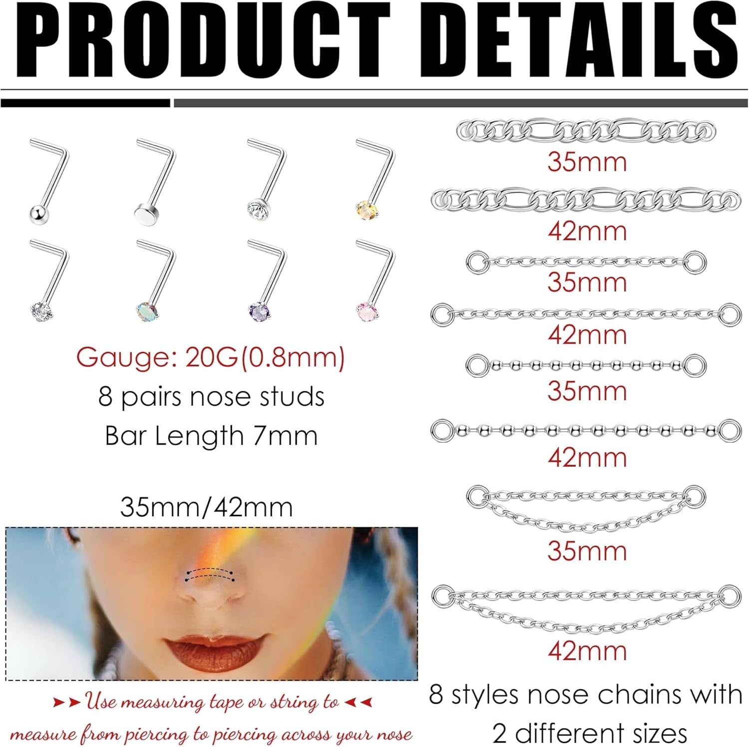 20G Nose Rings Studs with Chains African Nose Ring Cuff Horseshoe Septum Rings Stainless Steel Star Heart Nose Ring Chain Piercing Jewelry Set for Women Men