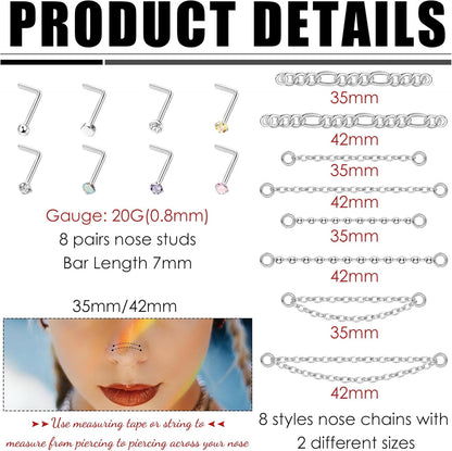 20G Nose Rings Studs with Chains African Nose Ring Cuff Horseshoe Septum Rings Stainless Steel Star Heart Nose Ring Chain Piercing Jewelry Set for Women Men