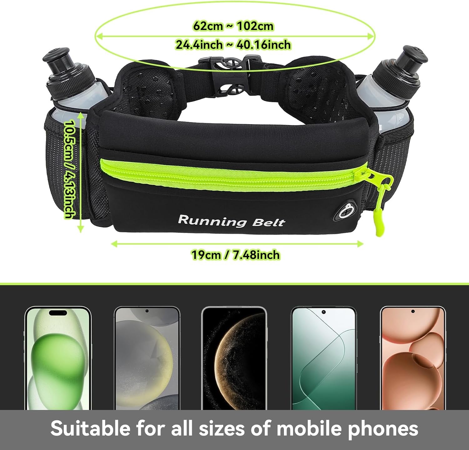 AXEN running belt with water bottles and phone pocket details