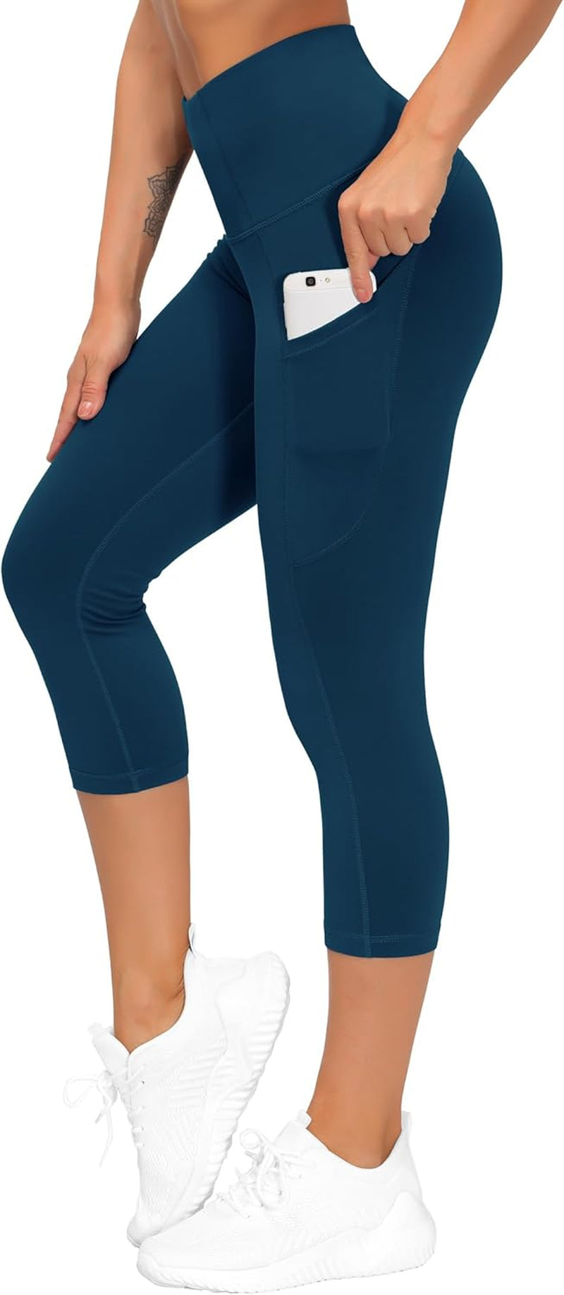 THE GYM PEOPLE Thick High Waist Capris Yoga Pants with Pockets, Tummy Control Workout Running Yoga Leggings for Women