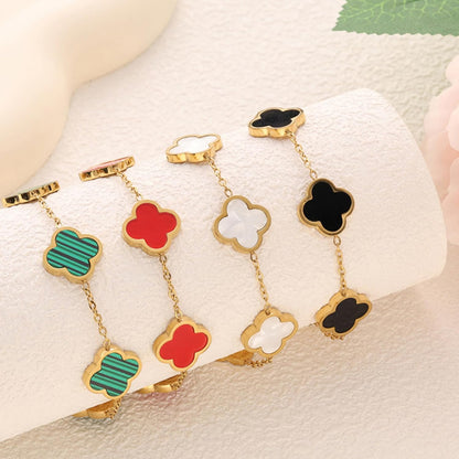 Women'S Four Leaf Clover 18K Gold Plated Lucky Bracelet, White/Black/Red/Blue Four Leaf Flower Adjustable Bracelet Women'S Fashion Jewelry Gifts