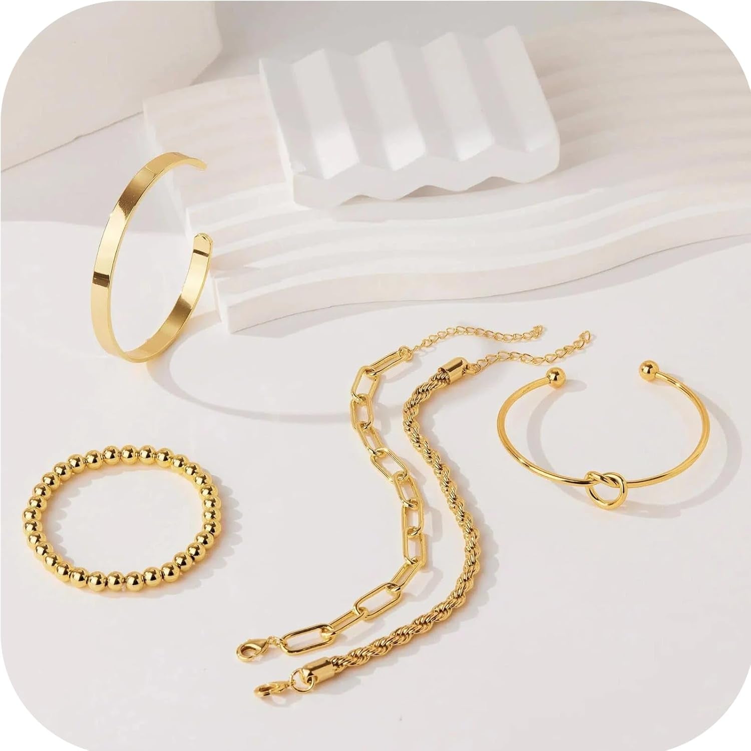 5-Piece Gold Bracelet Stack Set for Women, Metallic Luster Fashion Jewelry Collection with Hand Chain, Stackable Bangles, Love Bracelet - Women'S Gold Jewelry Set