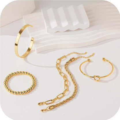 5-Piece Gold Bracelet Stack Set for Women, Metallic Luster Fashion Jewelry Collection with Hand Chain, Stackable Bangles, Love Bracelet - Women'S Gold Jewelry Set