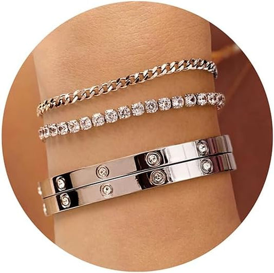 Kainier Gold Bracelets Sets for Women 4Pcs Love Bangle Bracelet Cubic Zirconia Tennis Cuban Chain Stacking Gift for Love Gold/Silver