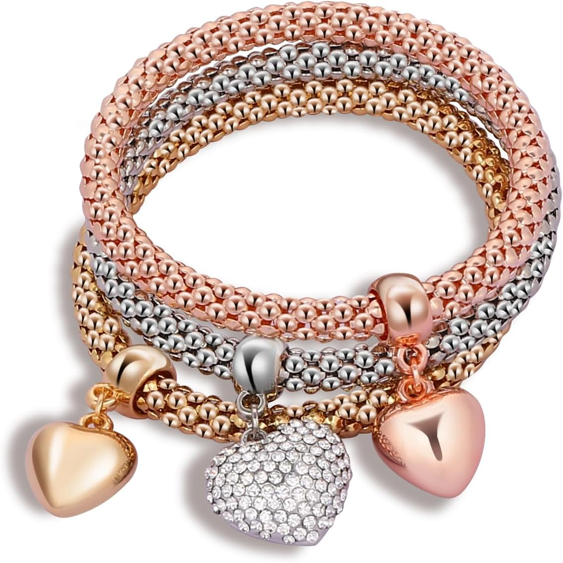 Stretch Bracelets for Women Gold/Silver/Rose Gold Elastic Bracelet Set for Women 3 PCS Stackable Bracelets Multilayer Charm Bracelet Christmas Gifts for Women