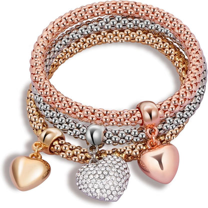 Stretch Bracelets for Women Gold/Silver/Rose Gold Elastic Bracelet Set for Women 3 PCS Stackable Bracelets Multilayer Charm Bracelet Christmas Gifts for Women
