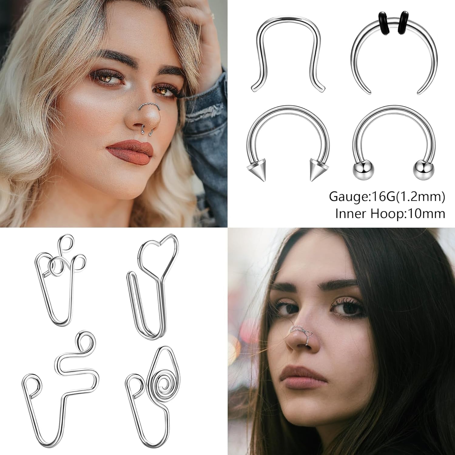 20G Nose Rings Studs with Chains African Nose Ring Cuff Horseshoe Septum Rings Stainless Steel Star Heart Nose Ring Chain Piercing Jewelry Set for Women Men