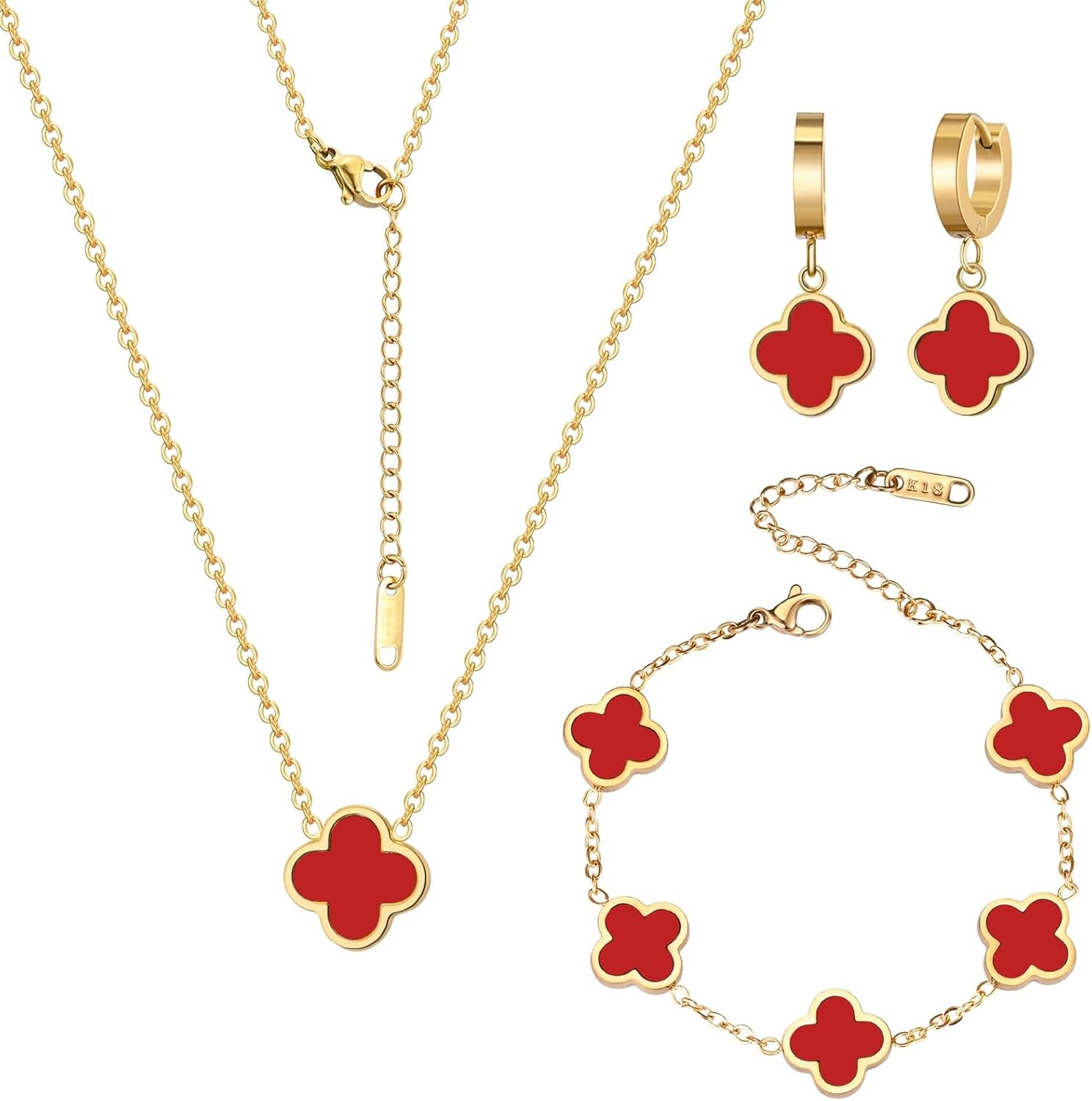 18K Gold Plated Lucky Clover Jewelry Set Black White and Red Four Leaf Clove Bracelet Necklace and Earrings Fashion Birthday Gifts for Women
