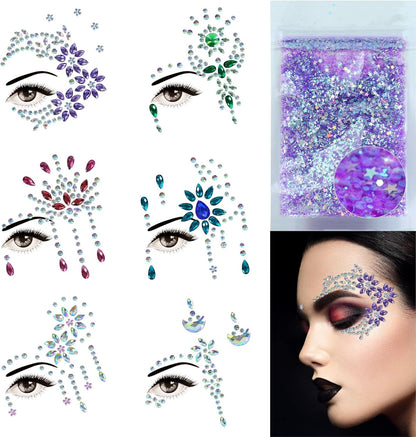 Face Jewels 6 Sheets Face Gems Stick On, 10G Chunky Glitter, Face Jewelry Rhinestones Crystals Stickers, Fairy Euphoria Eye Body Makeup Rave Clothes Festival Outfit Accessories