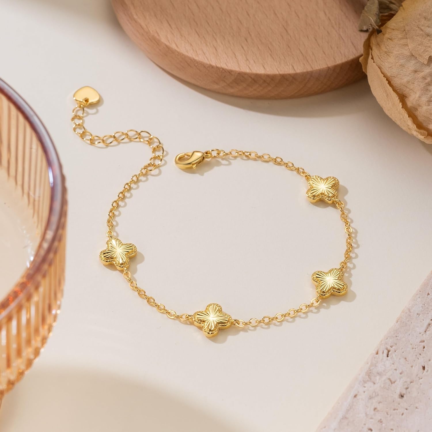 Gold Bracelets for Women 14K Gold Bracelets for Women Clover Bracelet for Womens with Adjustable Chain Lucky Dainty Four Leaf Clover Bracelet for Womens