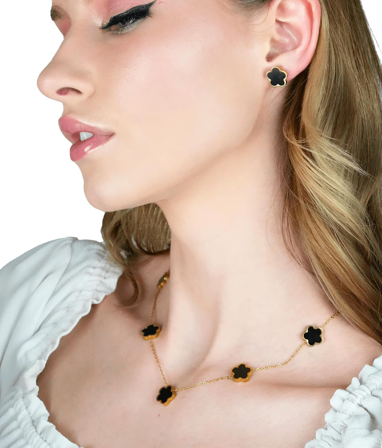 Five Leaf Clover Jewelry Set for Women |18K Gold Plated Bracelet Necklace Earrings | 5 Leaf Lucky Choker and Ear Studs for Mother and Daughter