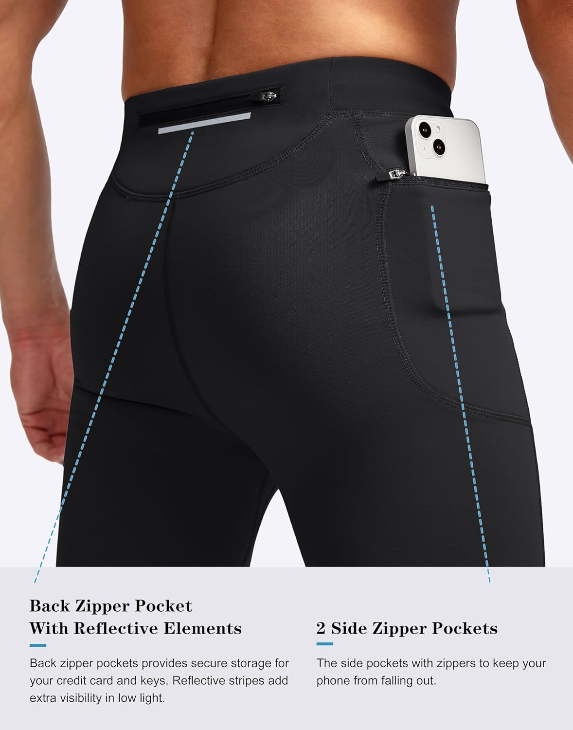 Three zipper pocket details on winter running pants