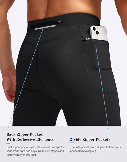 Three zipper pocket details on winter running pants