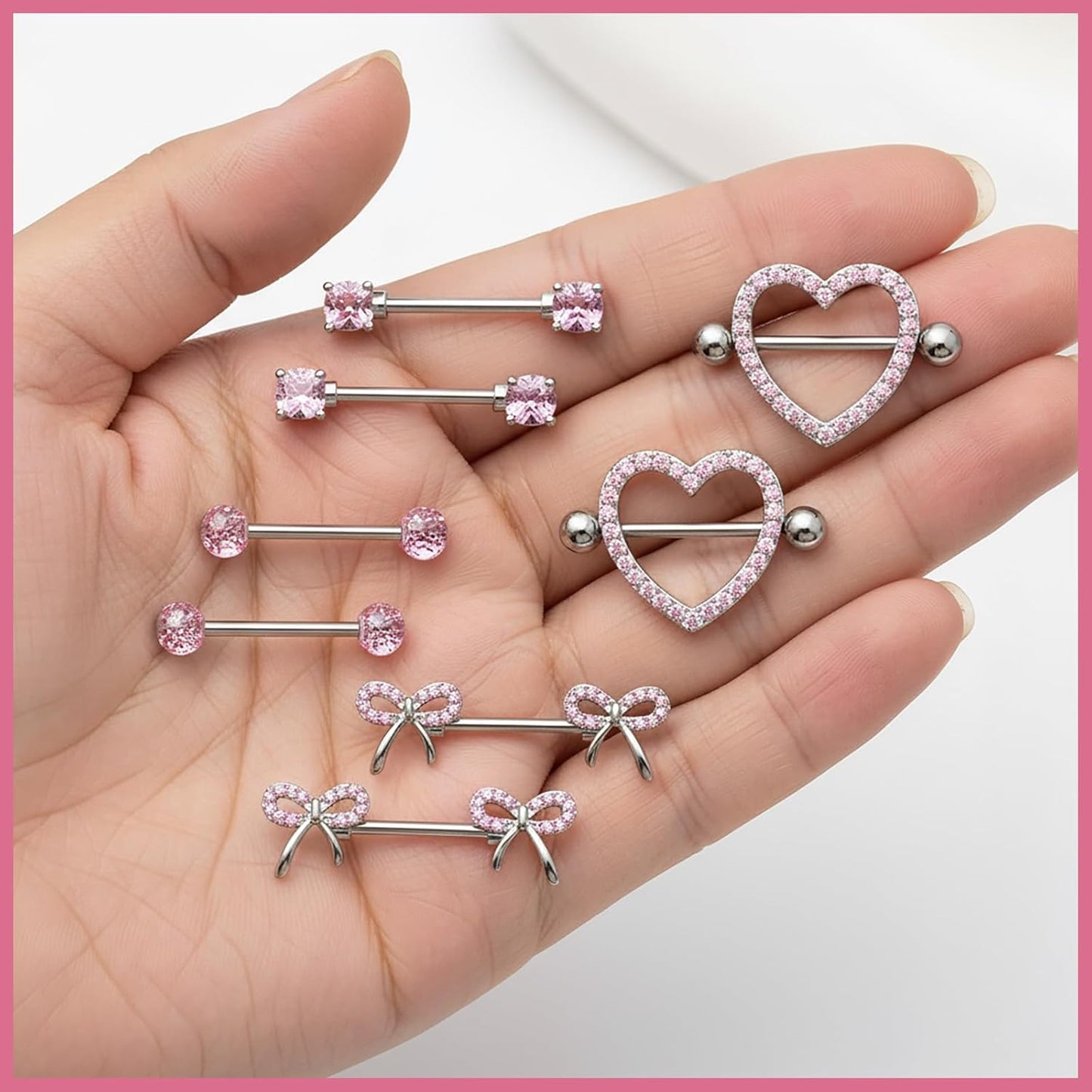 Pink Crystal Surgical Steel Nipple Rings Piercing Jewelry for Women Men, Heart/Bow/Sparkling Diamond Nipple Nail Barbell Piercing Accessory, Body Piercing Accessory Jewelry Gift ﻿