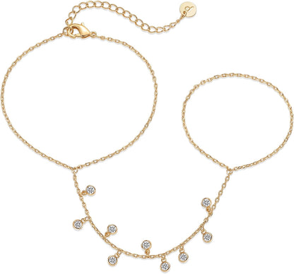 PAVOI 14K Gold Plated Hand Chains for Women - Adjustable Hand Chain Bracelet and Ring - Trendy Gold Handchain Bracelet Stack Summer Jewelry - Beads, Pearl, and Cubic Zirconia Body Jewelry