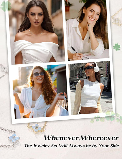 ORAZIO Dainty Silver Gold Jewelry Set for Women Trendy 14K Gold Plated CZ Flowers Pendant Choker Necklaces for Women Stud Earrings Clover Link Bracelets Stack Jewelry Gifts for Wedding Prom Brides