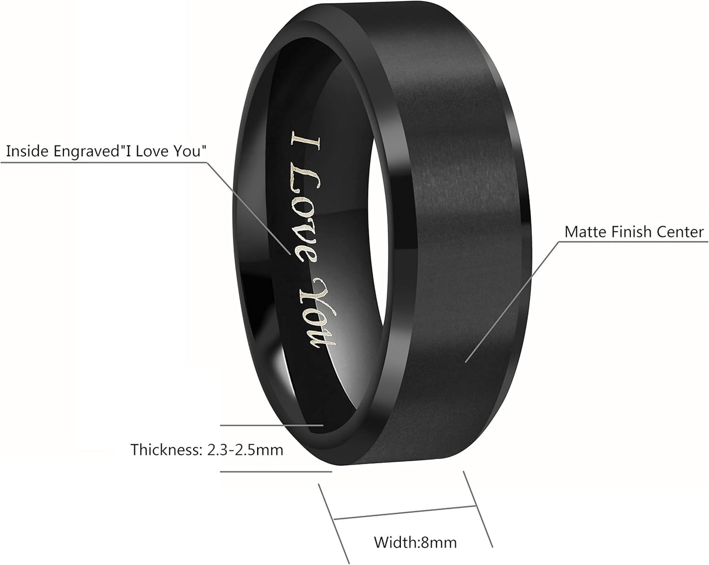 CROWNAL 4Mm 6Mm 8Mm Black/Silver Titanium Wedding Couple Bands Rings Men Women Matte Finish Beveled Edges Engraved I Love You Comfort Fit Size 4 to 16