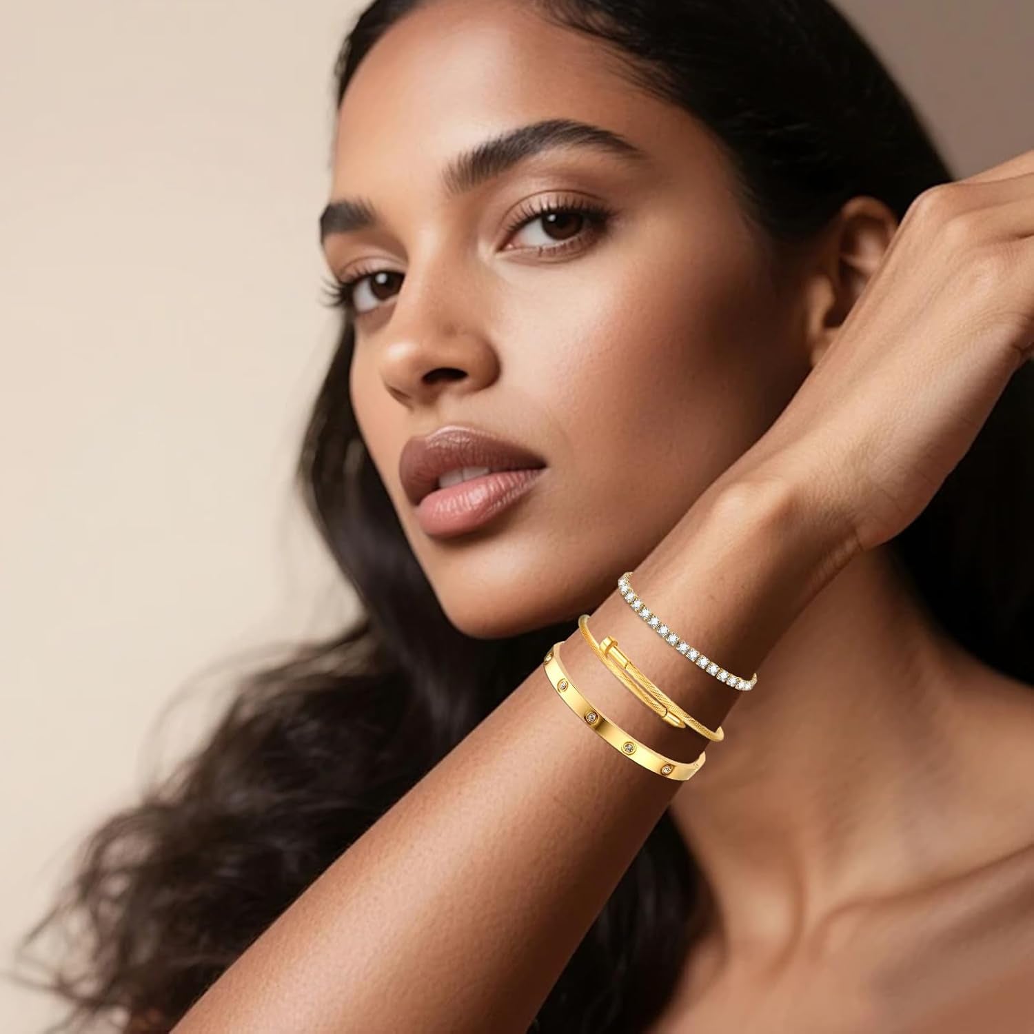 Gold Bracelets for Women-4Pcs/3Pcs,18K Gold Plated Bangle Tennis Bracelets Stack Set for Women Trendy Non Tarnish Stainless Steel Gold Bangles Accessories Designer Jewelry