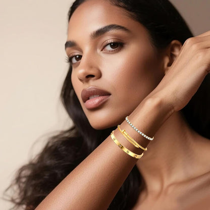 Gold Bracelets for Women-4Pcs/3Pcs,18K Gold Plated Bangle Tennis Bracelets Stack Set for Women Trendy Non Tarnish Stainless Steel Gold Bangles Accessories Designer Jewelry