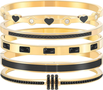 Pink Heart Bangle Bracelets for Women - 18K Gold Plated Stackable Stainless Steel, Friendship & Love Jewelry Gift for Her