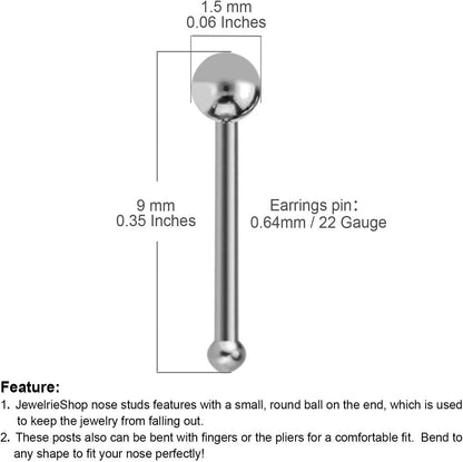 JEWELRIESHOP 40Pcs Nose Ring Studs Stainless Steel Nose Piercing Jewelry Bone Studs for Women Men Hypoallergenic 22G (1.5Mm,Silver Ball)