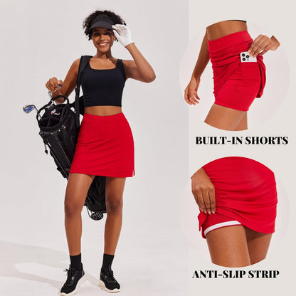 Woman wearing Ekouaer skort playing golf on course