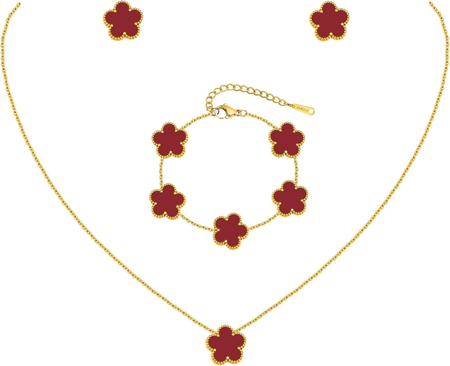 Gold Necklaces Bracelets Earring Set - 18K Gold Plated Flower Bracelet Chain,Stainless Steel Non Tarnish Floral Pendant Stud Jewelry Sets,Christmas Birthday Lucky Gift for Mom Wife Daughter Girlfriend