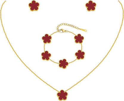 Gold Necklaces Bracelets Earring Set - 18K Gold Plated Flower Bracelet Chain,Stainless Steel Non Tarnish Floral Pendant Stud Jewelry Sets,Christmas Birthday Lucky Gift for Mom Wife Daughter Girlfriend