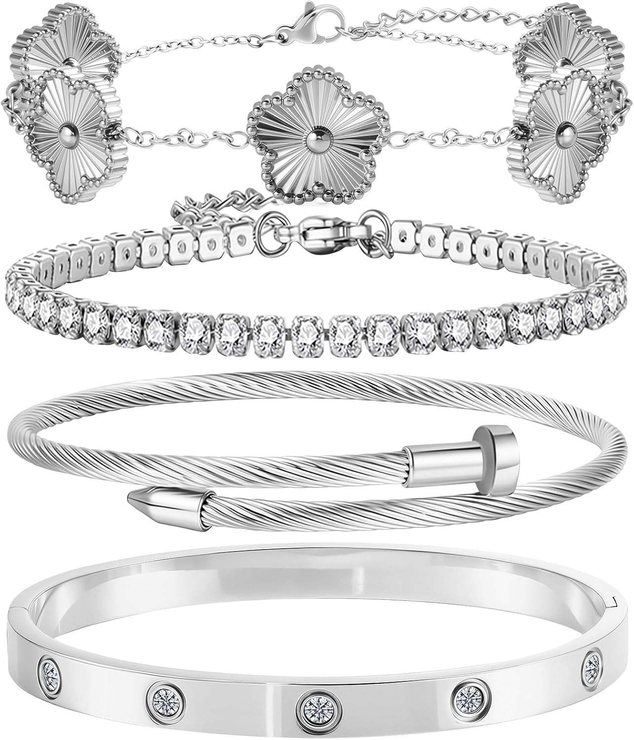 Gold Bracelets for Women-4Pcs 18K Gold Plated Love Bangle Tennis Clover Nail Bracelets Stack Set for Women Trendy Non Tarnish Stainless Steel Gold Bangles Accessories Designer Jewelry