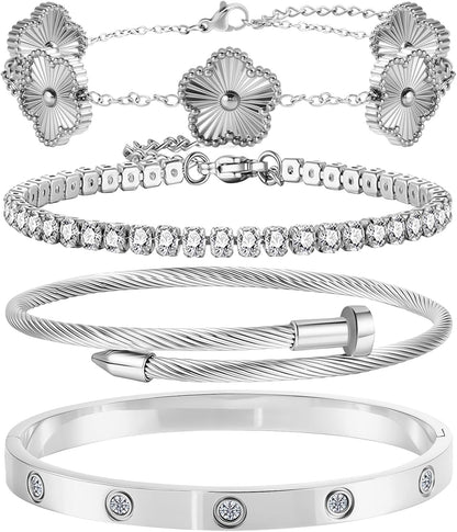 Gold Bracelets for Women-4Pcs 18K Gold Plated Love Bangle Tennis Clover Nail Bracelets Stack Set for Women Trendy Non Tarnish Stainless Steel Gold Bangles Accessories Designer Jewelry