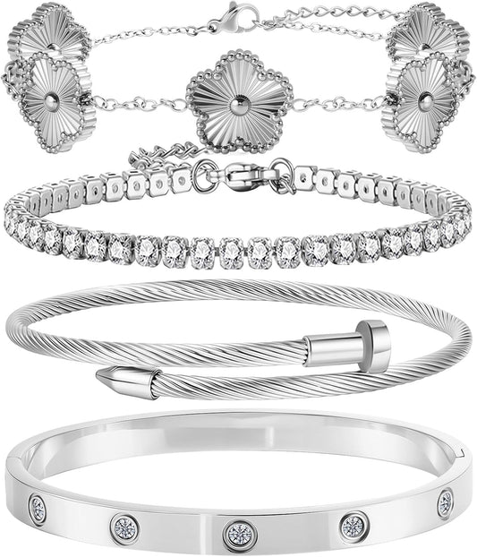 Gold Bracelets for Women-4Pcs 18K Gold Plated Love Bangle Tennis Clover Nail Bracelets Stack Set for Women Trendy Non Tarnish Stainless Steel Gold Bangles Accessories Designer Jewelry