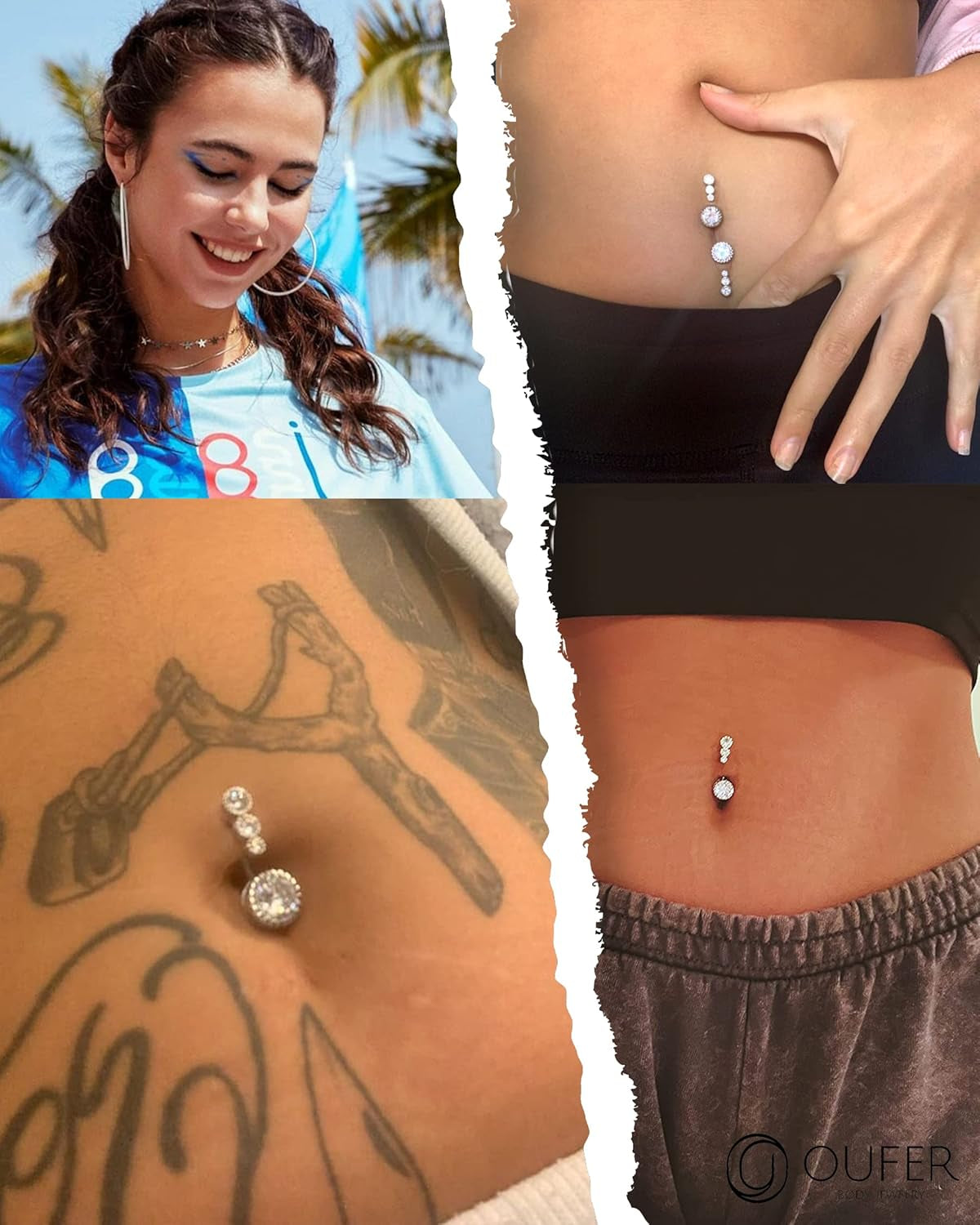 OUFER 316L Surgical Steel Belly Button Rings, Clear CZ Navel Rings, Belly Piercing Jewelry