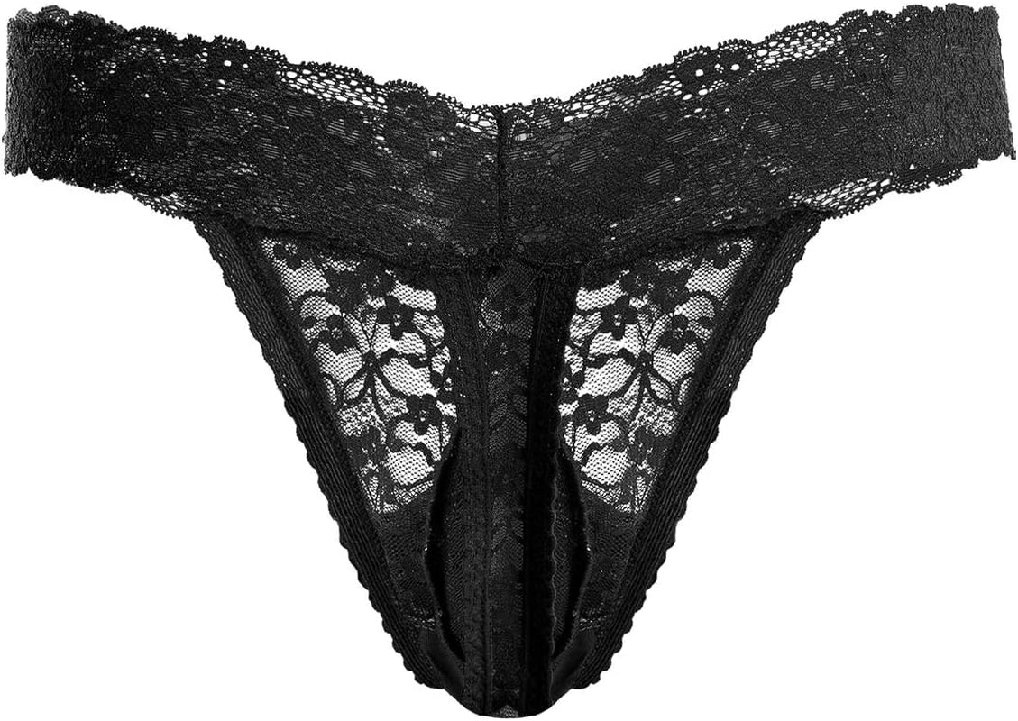 Men's T-back g-string thong with floral lace detail